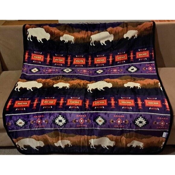 New Purple Rustic Bison Buffalo Sherpa Plush Throw Gift Blanket Native Art Aztec - Picture 2 of 5